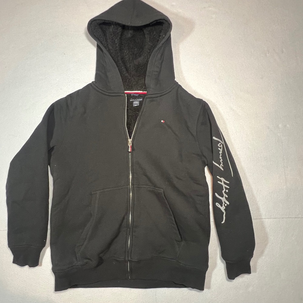 Tommy Hilfiger Boys Black Sherpa Lined Full Zip Hoodie Script Logo Large 14/16
